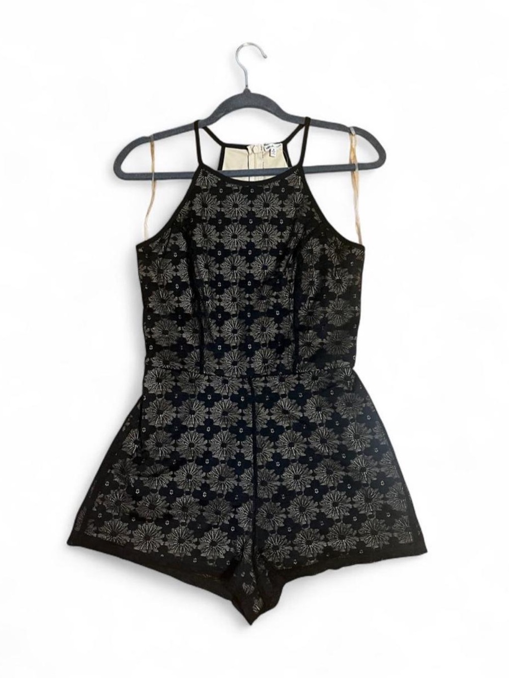 NWT Black Floral Lace Romper with Nude Lining